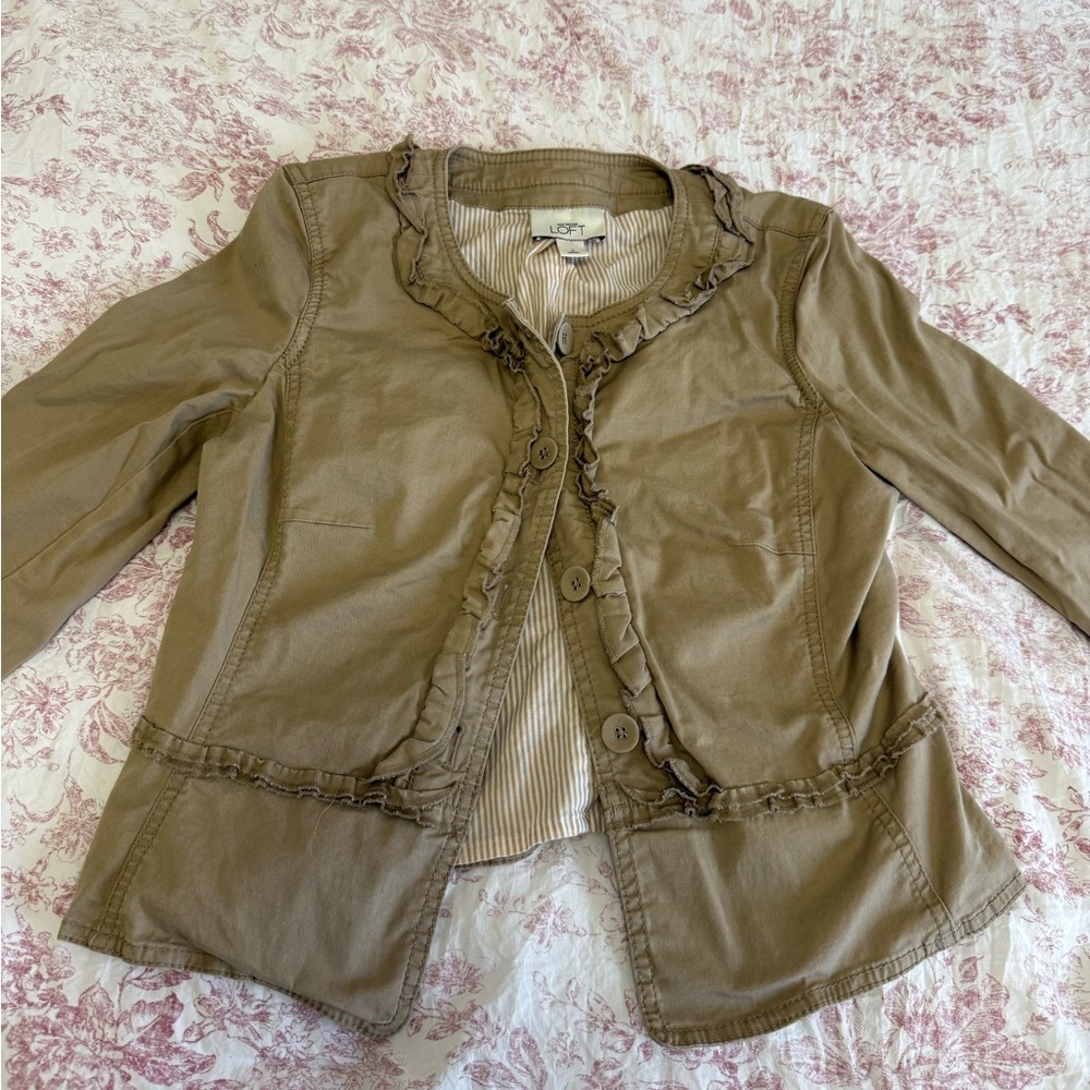 Loft Women's Ruffle-Trim Cotton Jacket in Taupe